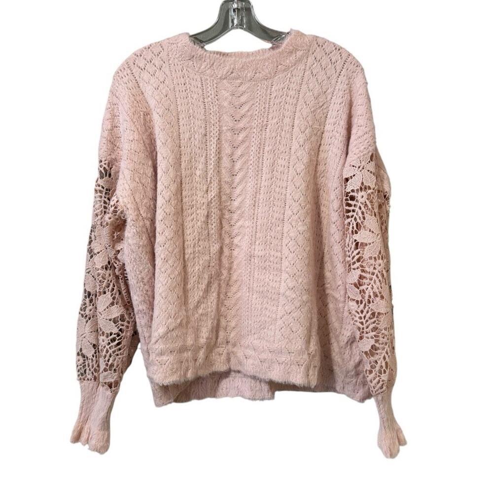 Peach Love California Women Sweater Sz Small Crocheted Sleeves Fuzzy Boho Hippie